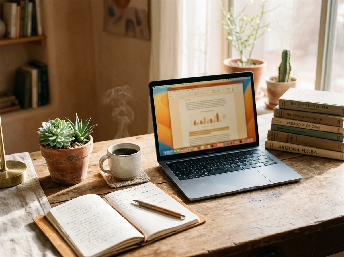 A warm Arizona workspace with a laptop, coffee, succulent, and books